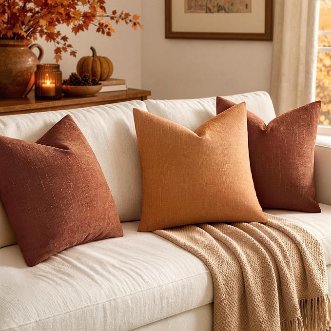 MIULEE Textured Chenille Fall Throw Pillow Covers 18x18 Inch Burnt Orange | Pack of 2 Decorative Soft Throw Pillows, Solid Textured Cushion Covers, Modern Home Decor for Couch Sofa Bedroom Living Room