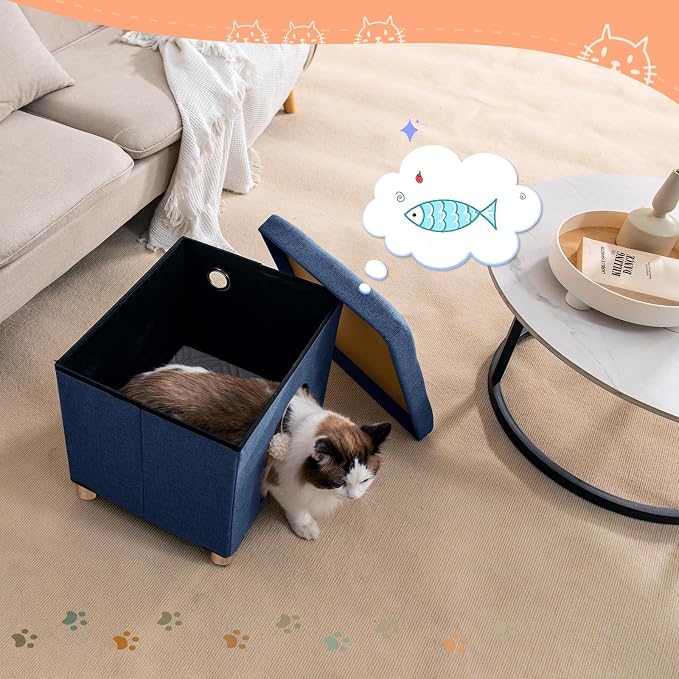 BRIAN & DANY Cat Beds for Indoor Cats,Cat Cave House for Kitten with Scratch Board & Ball, 14.7" x 14.1” x 12.7”, Blue