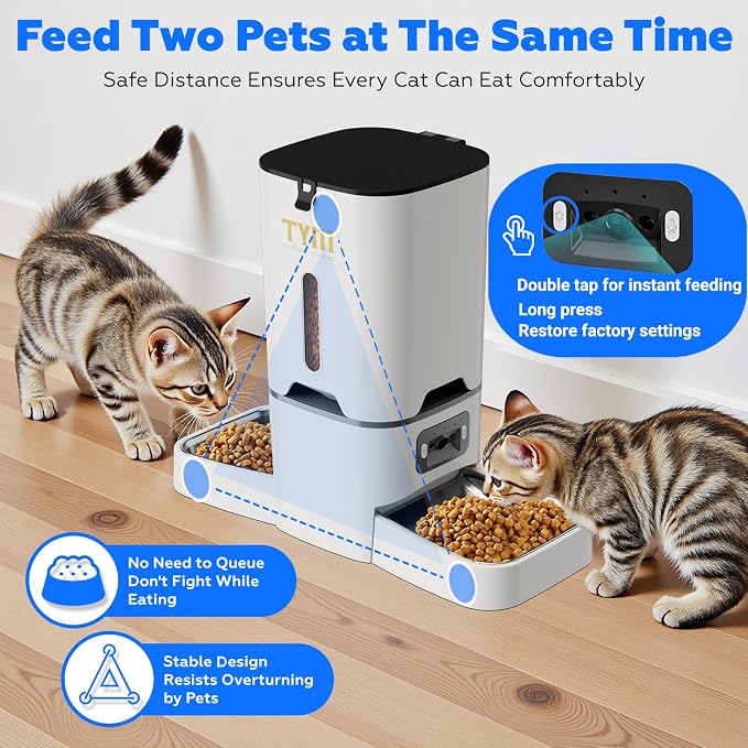 TYM Automatic Cat Feeder with 2 Camera for 2 Cats, 7L Large Food Dispenser | Multiple Cats Household | Timed Cat Feeder | Two-way Voice | Separation Anxiety | Weight / Diet Control | 5G WiFi APP Control