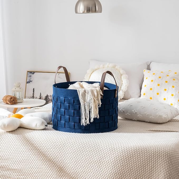 Laundry Basket 20" x20 " x11.8 ",Extra Large Round Blanket Basket with Leather Handle, Felt Storage Basket for Living Room, Nursery, Dog Toys-Navy Blue