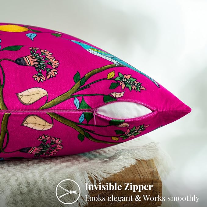 MUSSEL Hot Pink Floral Vintage Decorative Pillow Covers 18x18 Set of 2 | Soft Velvet,Wild Flower Plant,Throw Pillows Case,Square,Colorful Farmhouse Cushion Covers,Home Sofa Bed Couch Decor