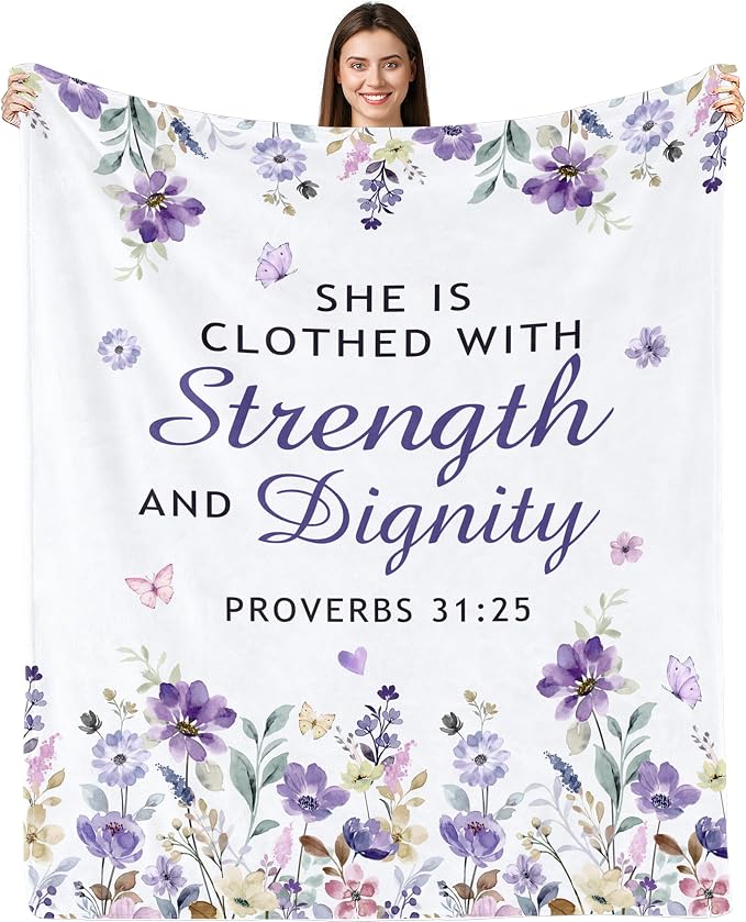 Christian Gifts Blanket Birthday Gifts for Women Throw 50"x60" | Religious Inspirational Birthday Gifts for Women, Strength & Dignity Encouraging Bible Verse Proverb Throw Blanket