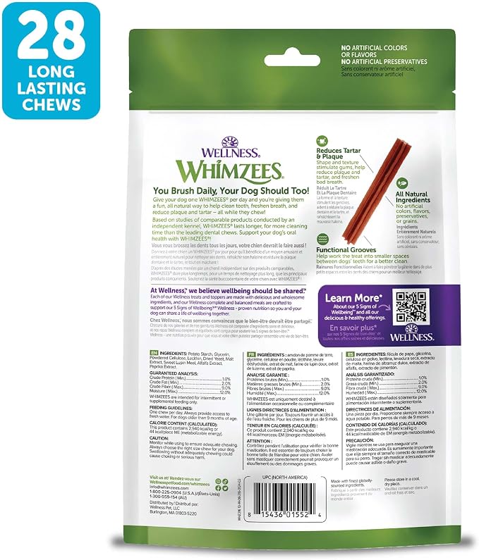 Whimzees Wellness Stix Natural Dog Dental Treat, Chews, Freshens Breath, Small Size Sticks, 14.81 oz Bag, 28 Count