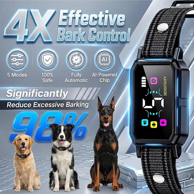 Dog Bark Control Collar for Large Medium Small Dogs 8-120 lbs, Smart Anti Barking Device with 5 Training Modes, Adjustable Sensitivity, Beep Vibration Static, Color: Midnight Black