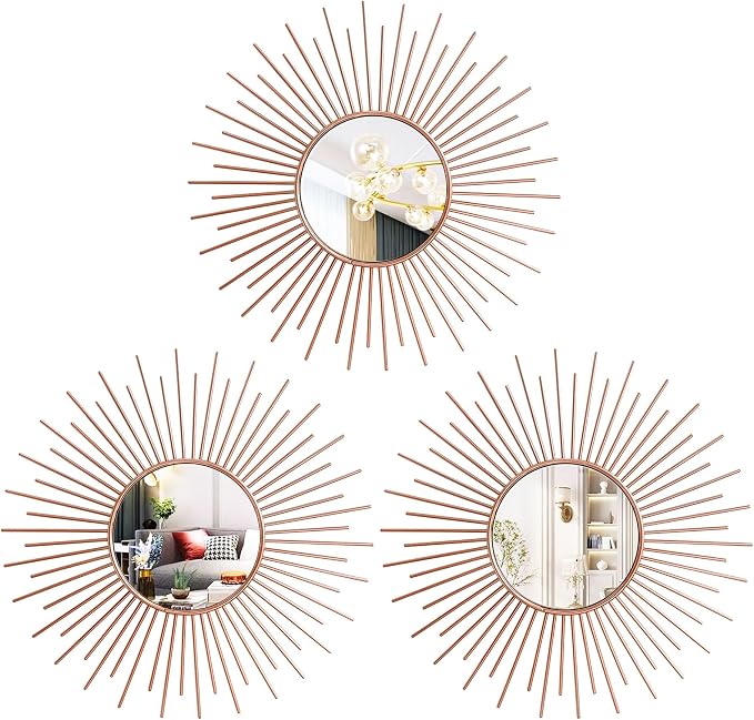 3 Pack Metal Mirrors for Wall Sunburst Wall Mirrors Home Décor Decorative Hanging Wall Art for Living Room Bedroom Entryway (Rose Gold2, Sunburst)