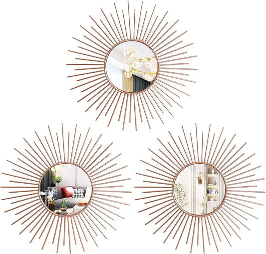 3 Pack Metal Mirrors for Wall Sunburst Wall Mirrors Home Décor Decorative Hanging Wall Art for Living Room Bedroom Entryway (Rose Gold2, Sunburst)