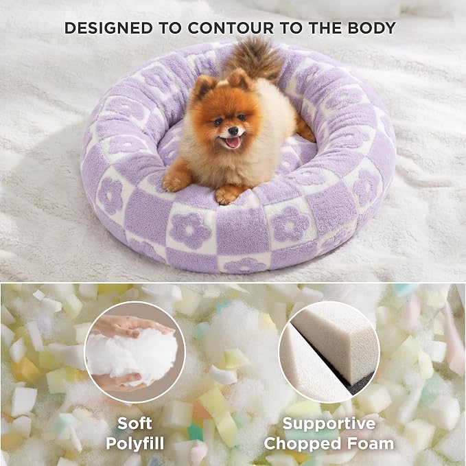 LE SURE Shown on TV Jacquard Donut Dog Beds Large,Flower Checks 36x36x8in | Orthopedic Calming Pet Bed Sofa, Original Design Pattern,Washable Cover,Cute Home Decor as Gift for Pet,Anti Slip Bottom