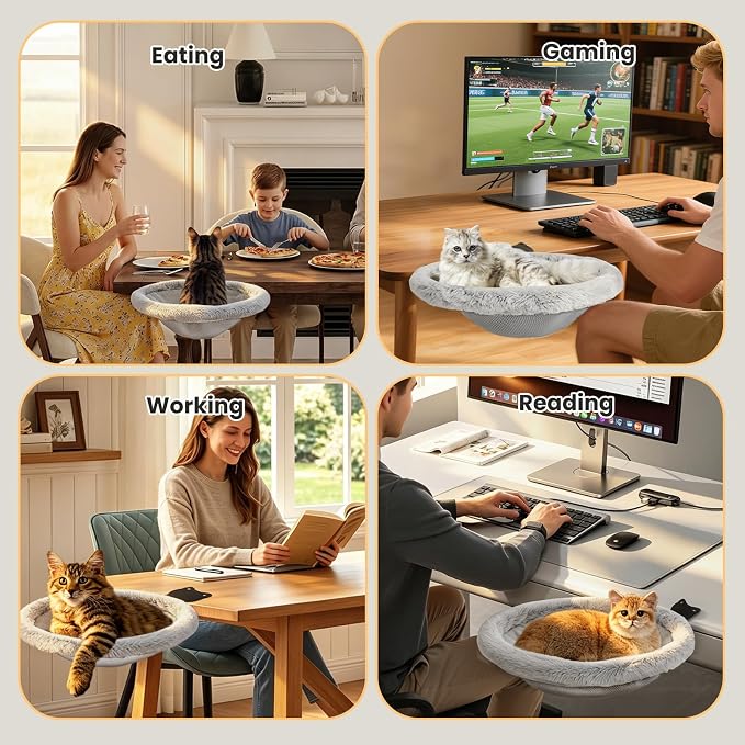 Cat Desk Bed,Cat Desk Hammock with Foldable Clip-On, Light Gray | Reversible Double-Sided Mat&No-Drill Sturdy Metal Cats Perch,Supports 40 lbs,Space-Saving Cats Furniture for Home Office Game