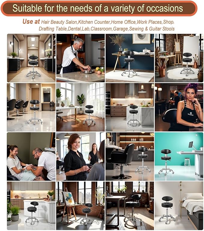 Kaleurrier Swivel Stool Chair Adjustable Height,Heavy Duty Hydraulic Rolling Metal Stool for Kitchen,Salon,Bar,Office,Massage (with Back Rest) (Black)