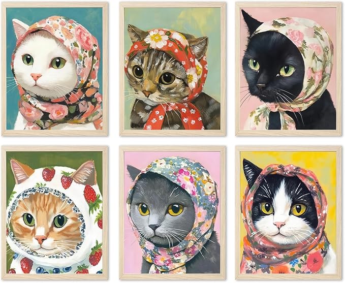 Funny Cat Poster Set of 6, Whimsical Babushka Cats Wall Art Eclectic Lover Cat Pictures Decor, Quirky Animal Pictures Canvas Painting Prints Aesthetic for Bedroom Living Room 8x10 inch Unframed