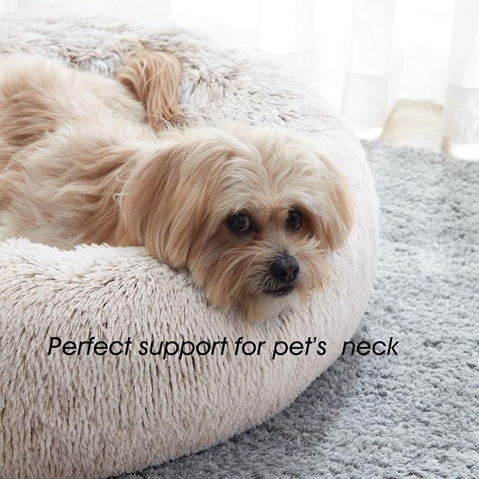 Western Home Calming Donut Cat Bed Small Dog Bed Washable,20" White Khaki | Fluffy Faux Fur Round Cuddler,Anti-Anxiety,Anti-Slip Bottom,Self-Warming Pet Bed for Small Dog&Kitten&Puppy,Up to 12 LBS