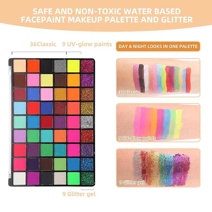 Face Painting Kit for Kids with Book,Stencils,Brushes,Non Toxic Water Activated Face Paint Palette For Halloween,Carnival,Party Costume Makeup Any Creative Activity with Kids(54 Colors)