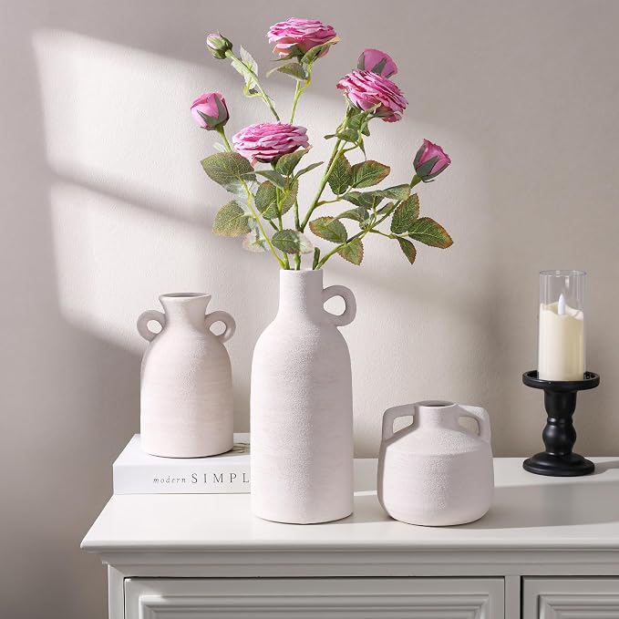 Ceramic Vase Set, 3Pcs Flower Vases for Modern Boho Farmhouse Decor, Decorative Vases for Pampas Grass & Dried Flowers, Distressed Finish