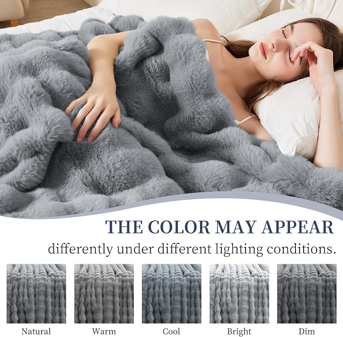 Faux Rabbit Fur Throw Blanket for Couch Gifts for Women, 60"x80" Gray | Cozy Reversible Fluffy Throw, Luxury Plush Thick Bubble Blanket, Mothers Gifts for Women, Soft Warm for Bed, Home Decor
