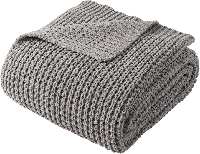 Grey Throw Blanket for Couch, Soft Knitted Chenille Throw Blanket 50"x60" | Chunky Waffle Knit Throw Blanket, Light Gray Throw Blanket for Bed Sofa Living Room, Modern Farmhouse Knitted Style