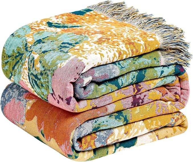 LUTBM Boho Throw Blanket for Bed 60"x80", All Season Cotton Couch Blankets | Reversible Watercolor Floral, Muslin Twin Quilt, For Chair Sofa Living Room, Lightweight & Breathable Gauze, Home Decor Gift