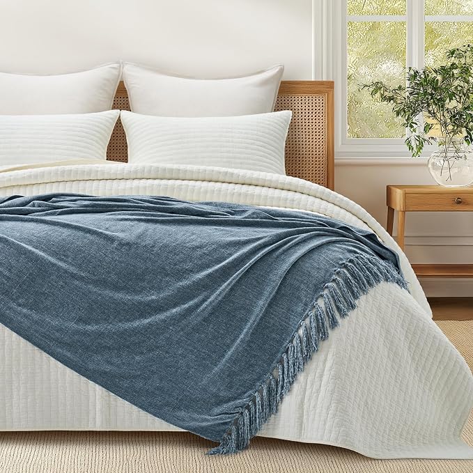Chenille Knit Throw Blanket for Couch, 60"x80", Cloud Blue | Cozy Plush Fuzzy Knittd Throw with Tassels, Lightweight, Decorative, Farmhouse Decor, Ideal for Bed Sofa Gift, All Seasons