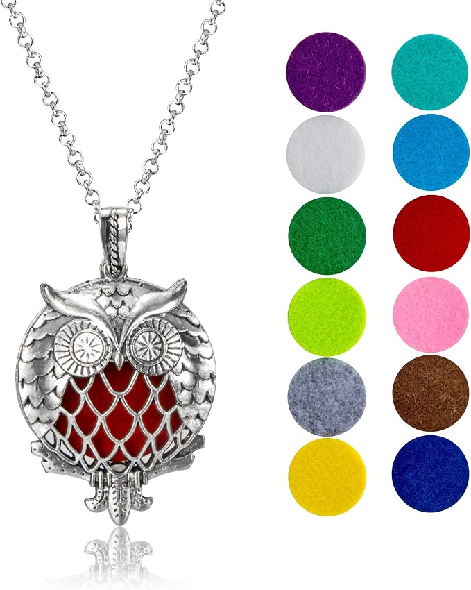 Wild Essentials Owl of Athena Essential Oil Diffuser Nickel Free Alloy Locket Pendant with 24 inch Chain, 12 Color Refill Pads, Customizable Color Changing Perfume Jewelry for Aromatherapy