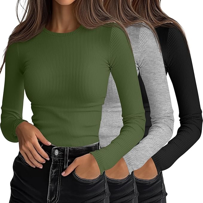 Ficerd 3 Pack Women's Ribbed Long Sleeve Tops, Crew Neck Slim Fit Undershirts Knit Basic Casual Stretch Layering Tee Shirts