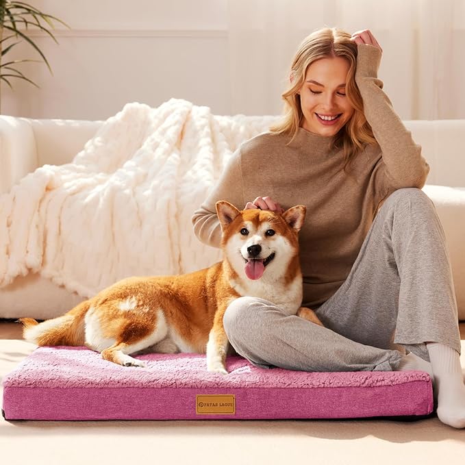 Patas Lague Orthopedic Large Dog Bed Washable Pet Sofa Mat 48''X30'' Pink | Egg-Crate Foam Dog Couch For Large Sized Dogs, Waterproof Removable Cover, Soft Pet Crate Bed With Nonskid Bottom