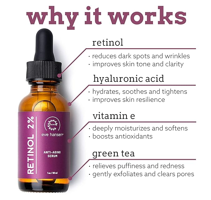 Eve Hansen Anti-Aging Retinol Serum for Face | Anti-Wrinkle Serum with Vitamin A, E, and Hyaluronic Acid | Acne Scar, Pore Minimizer Cruelty Free 2% Organic Retinol Night(1 oz)