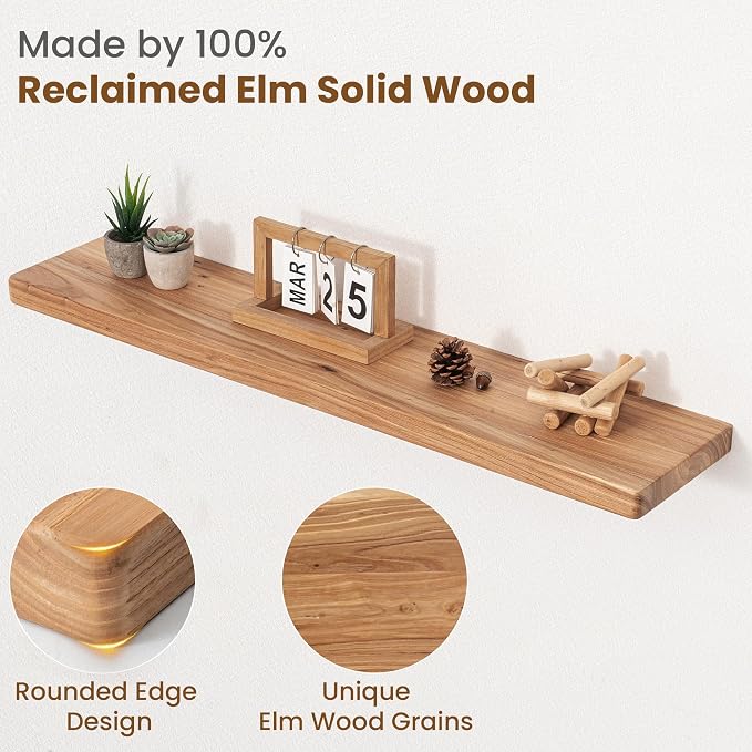 Floating Shelves for Wall, 36"Wx8"D Rustic Solid Elm Wood Floating Shelves Wall Mounted, Round Edge Wall Shelves with Invisible Bracket for Living Room Bathroom Bedroom Kitchen, Set of 2, Natural