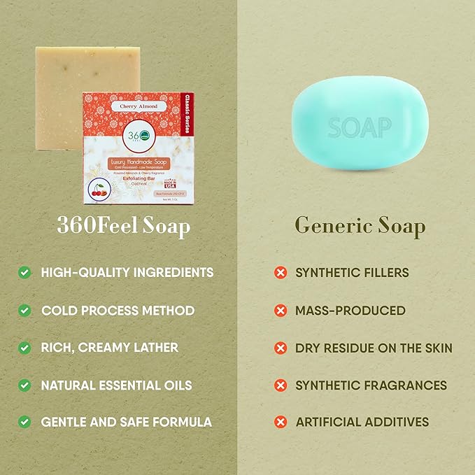 360Feel Cherry Almond Soap - Made in the USA - Castile Handmade, All Natural, Cold Processed - Infused with Refreshing Cherry Almond Essential Oil for Soothing Scent - Rich, Creamy Lather - 5oz