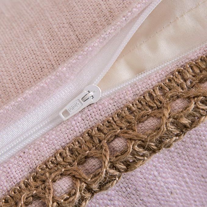 Phantoscope Pack of 2 Farmhouse Decorative Throw Pillow Covers Burlap Linen Trimmed Tailored Edges Light Pink 22 x 22 inches, 55 x 55 cm