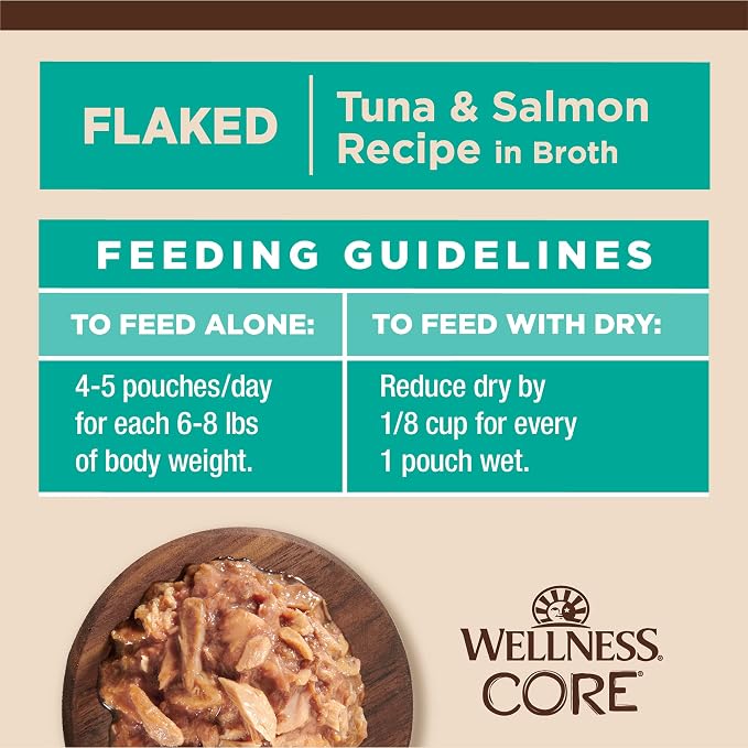 Wellness CORE Tiny Tasters Flaked Adult Wet Cat Food,Natural,Protein-Rich,Grain Free,1.75-Ounce Pouch,(Tuna & Salmon),(Pack of 24)
