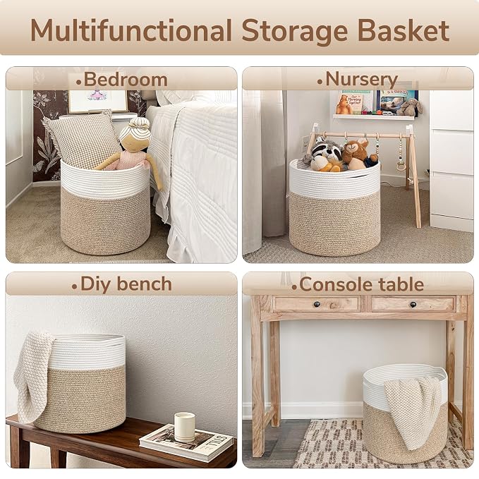 Goodpick Rope Basket for Blankets & Toys, Toy Storage for Organizingr, 45L | 15.8 x 15.8 x 13.8 In Toy Storage Basket for Nursery, Blanket Basket for Living room, Laundry Basket, Light Brown