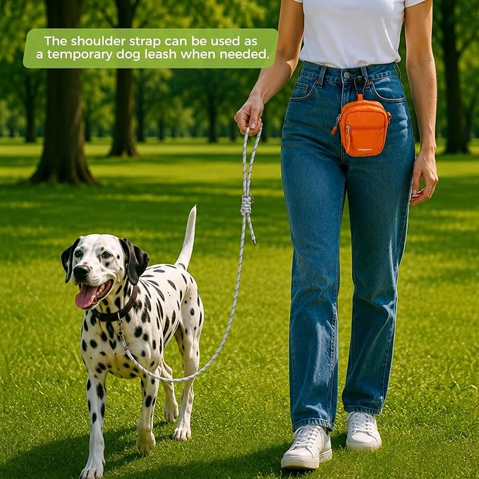 Dog Treat Pouch with Poop Bag Holder, Small Crossbody Bag for Puppy Training and Walking, Shoulder Strap Can Use as Dog Leash- Pet Travel Accessories, Metal Carabiner Attached (Orange) | 900D Oxford Fabric
