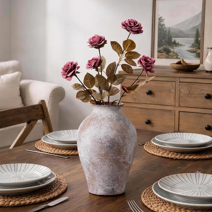 Ceramic Flower Vase Home Decor, 9 in Farmhouse Table Vase Retro Vintage Living Room Kitchen Bedroom Decoration Pottery Decorative Vases for Flowers Shelf Office Coffee Desk Dining Entryway, Classic