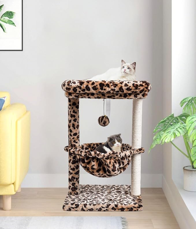 SYANDLVY Small Cat Tree for Indoor Cats, Cheetah Leopard Print Cat Tower | for Kitties, Unique Condo Furniture with Hammock & Sisal Scratching Posts
