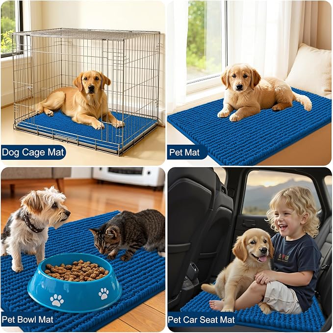 OLANLY Dog Door Mat for Muddy Paws 44x24, Ultra Absorbent Chenille Mud Doormat, Non-Slip Washable and Dirt Trapping Doormat for Indoor Entryway, Quick-Dry Indoor Pet Bed Mats for Dogs, Deep Navy Blue