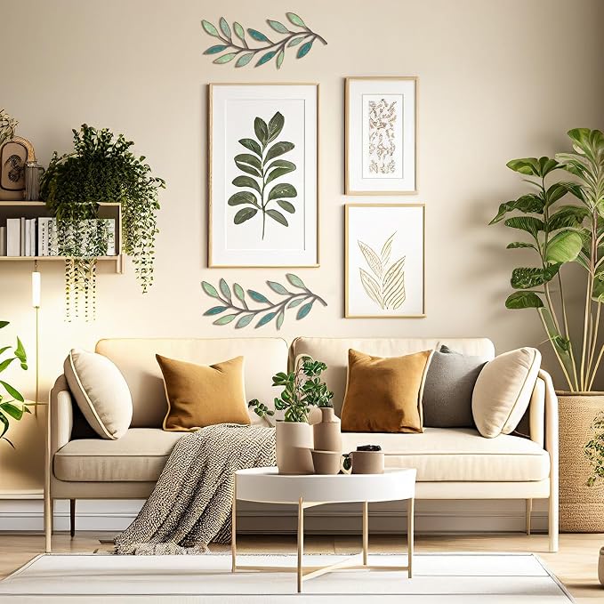 Zhengmy 2 Pcs Metal Leaf Wall Art Vine Branch Decor,Gradient Green | Olive Branch Metal Decor for Living Room Hallway, Symmetrical Leaf Pair for Doorway Entryway, Lightweight Hanging Art Design