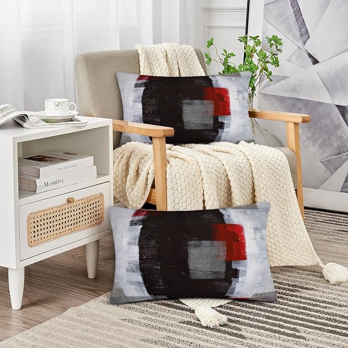Red and Grey Abstract Art Pillow Cover, Modern Black White Decorative Throw Pillows Cushion Cover for Bedroom Sofa Living Room 12 x 20 Inch Set of 2