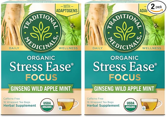 Traditional Medicinals Organic,Stress Ease Focus,Ginseng Wild Apple Mint Tea - Balanced Energy Support & Adaptogens - Kosher,Non-GMO,Caffeine-Free,Compostable - 16 Tea Bags,(Pack of 2)