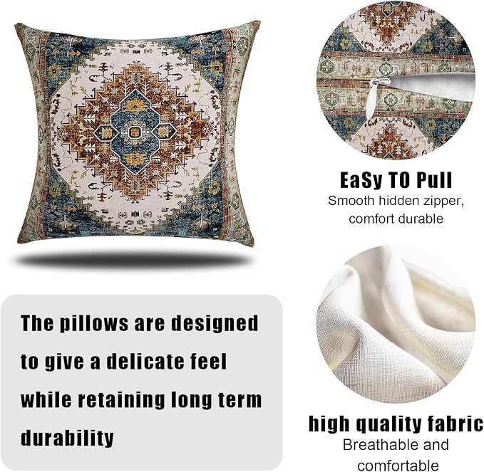 Boho Throw Pillow Covers 26x26 inch Set of 2,Soft Pillowcases Bohemia Carpet Printing Pattern Decorative Sofa Living Room Bed Square Pillow Case Cushion Cover-Blue Green