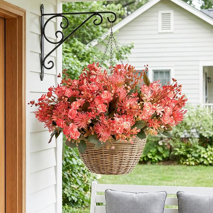 RM ROOMERS Artificial Flowers Plants for Outdoors, Fake Flowers Red Rose | Pink Chrysanthemum UV Resistant Faux Flower for Garden Porch Windowbox Front Door Yard, No Fade Home Vase Decor (4 Bundles)