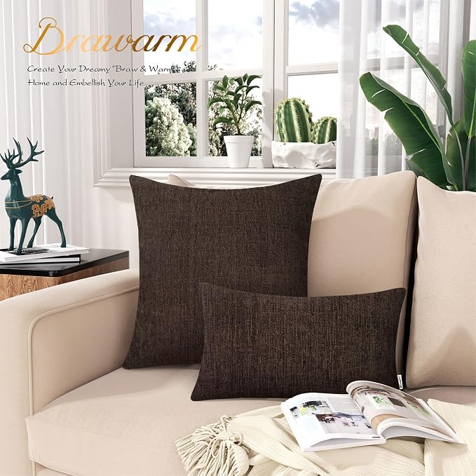 BRAWARM Throw Pillow Covers 22x22 Inches - Coffee Chenille Pillow Covers Pack of 2, Solid Dyed Soft Chenille Pillow Cases for Couch Sofa Bed Home Decoration