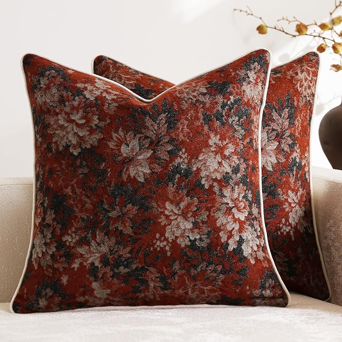 Pack of 2 Vintage Floral Throw Pillow Covers 20x20 Boho Farmhouse Accents Chenille Square Decorative Pillow Cases for Living Room Couch Bed Home Decor, Rust