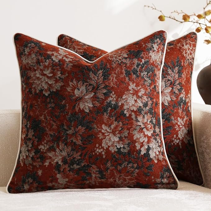 Pack of 2 Vintage Floral Euro Sham Covers 26x26 Boho Farmhouse Accents Chenille Square Decorative Throw Pillow Cases for Living Room Couch Bed Home Decor, Rust