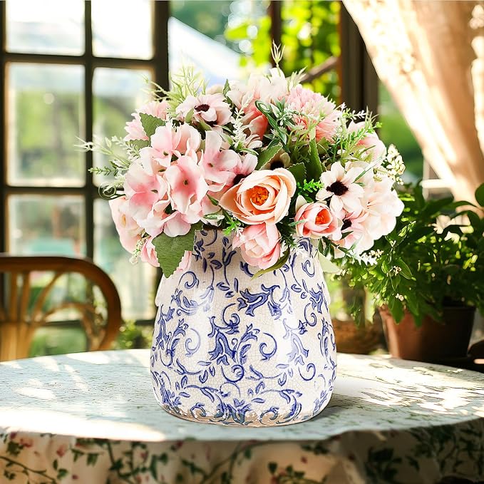 Ceramic Scroll Planter 6.5 Inch Chinoiserie Floral Vase with Drainage Holes Vintage Flower Vase Flower Pot Rustic Ceramic Pots for Indoor Plants Garden Home Bookshelf Decor(Blue Floral)
