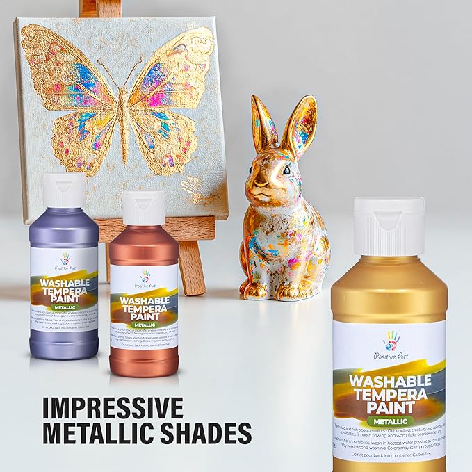 Metallic Washable Tempera Paint – 6 Shimmer Colors, 4 fl oz Bottles, Non-Toxic Kid-Safe School & Craft Paint, Easy Cleanup, Classroom Art Supplies, Made in USA