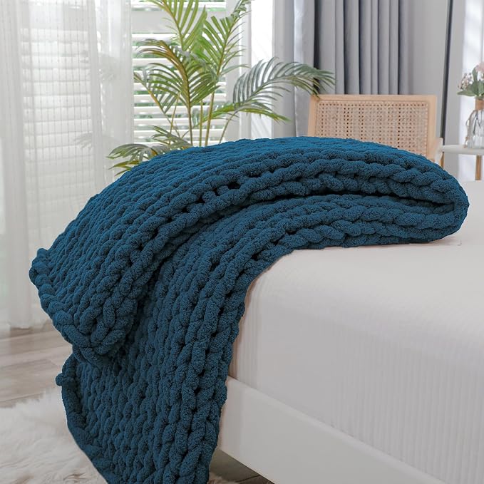 Bigacogo Chunky Knit Throw Blanket for Couch, 40x60 inches, Deep Sea Blue | Hand Knit with Jumbo Chenille, Soft Breathable Cable Knit for Sofa Bed Living Room, Machine Washable, Gift for Mom Friend