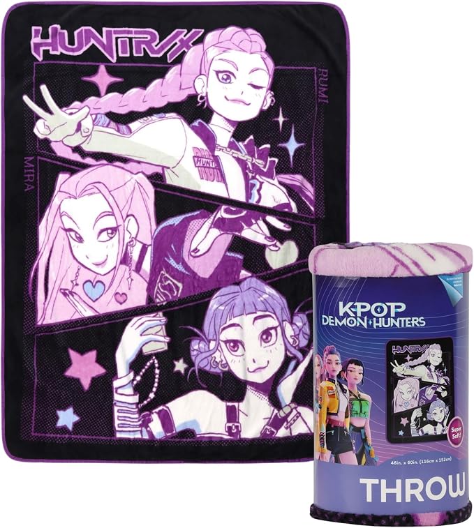HUNTRX Kpop Demon Hunters Super Soft Fleece Throw Blanket, Purple and Black, 46x60 Inch