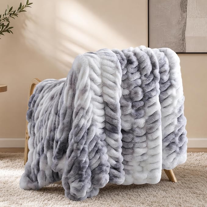 Tie Dye Grey Fluffy Blanket for Couch - Faux Rabbit Fur 50"x60" | Ultra Soft & Plush Comfort Ruched Blanket, Cozy Fuzzy Fleece Throw for Sofa, Bed & Office, Gift for Women, Grey Room Decor