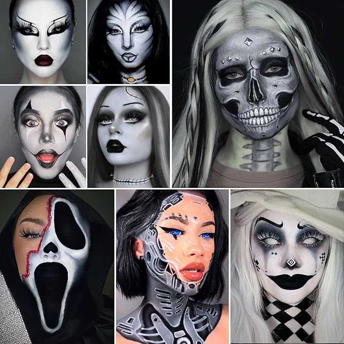 Black White Light Grey Face Body Paint, Creamblendable FacePaints for Halloween Skeleton,Skull,Zombie,Gothic Makeup,Clown Black White Makeup for Adults Kids, Body Paint Face Painting for SFX Cosplay