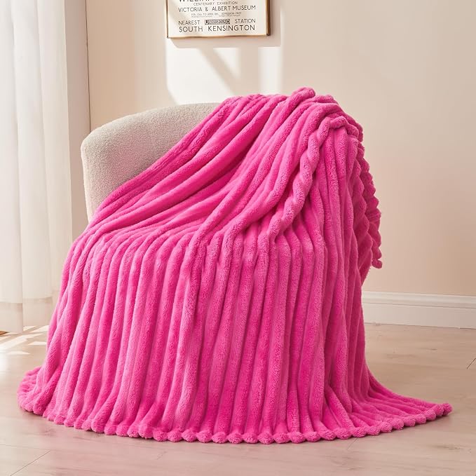 NEWCOSPLAY Fleece Ribbed Cozy Queen Blanket for Couch, Hot Pink, 90"x90" | Premium Silky Flannel Blanket, Soft Lightweight Fluffy Throw Blanket for Bed Sofa Decor, Gift for All Season Use