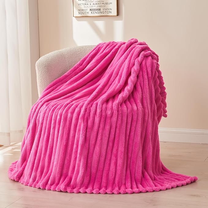 NEWCOSPLAY Fleece Ribbed Cozy King Blanket for Couch, Hot Pink, 90"x110" | Premium Silky Flannel Blanket, Soft Lightweight Fluffy Throw Blanket for Bed Sofa Decor, Gift for All Season Use